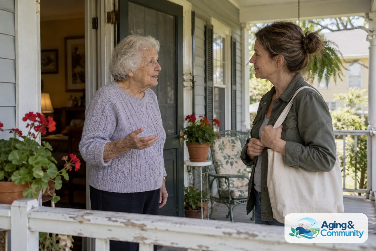 A woman in her early 80s talks warmly with an adult daughter on a shaded front porch with painted wooden railings.