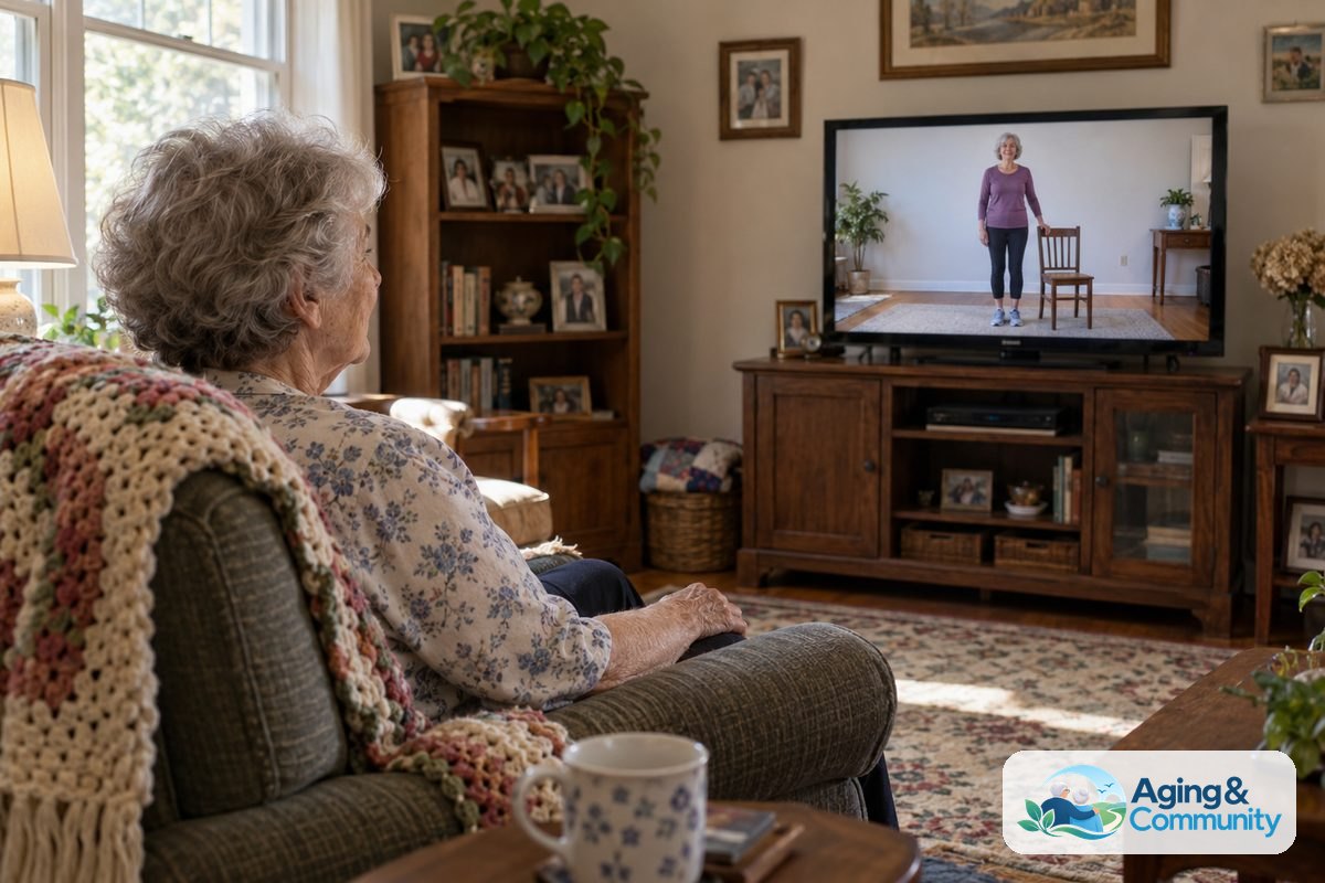 An older woman sits in an armchair watching a television that shows an instructor standing beside a sturdy chair.