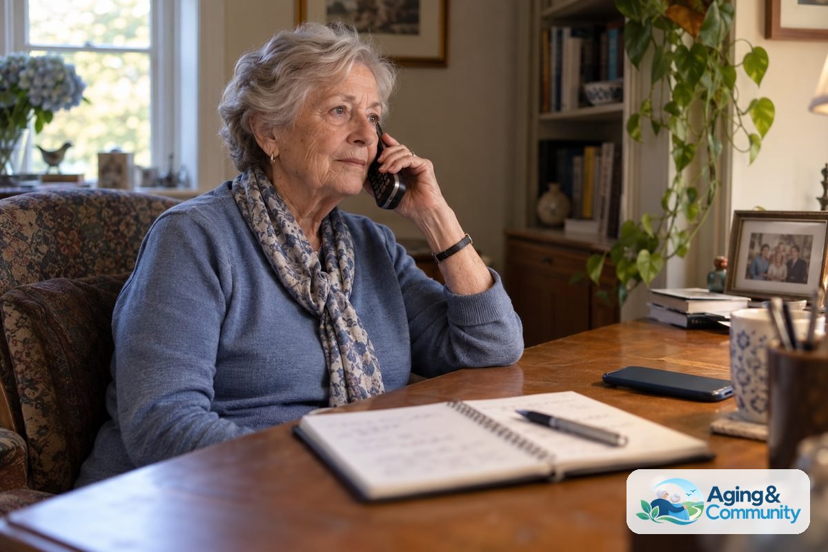 An older woman holds a telephone handset to her ear beside an iPhone and an open notebook on a wooden desk.