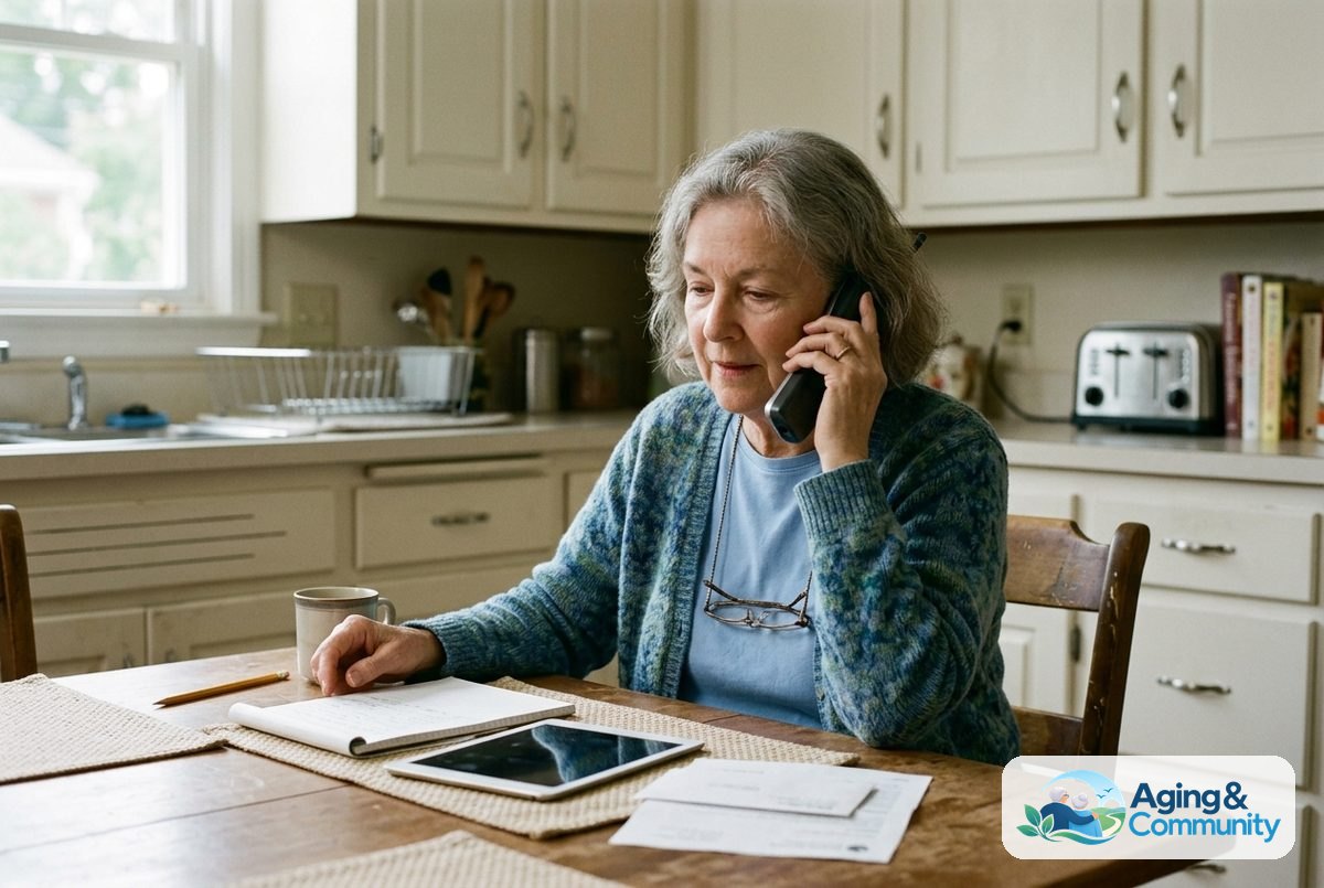 Tablet for Senior Citizen: Simple Buying Guide 6 An older woman holds a phone to her ear at a kitchen table with a tablet, papers, and a notebook beside her.