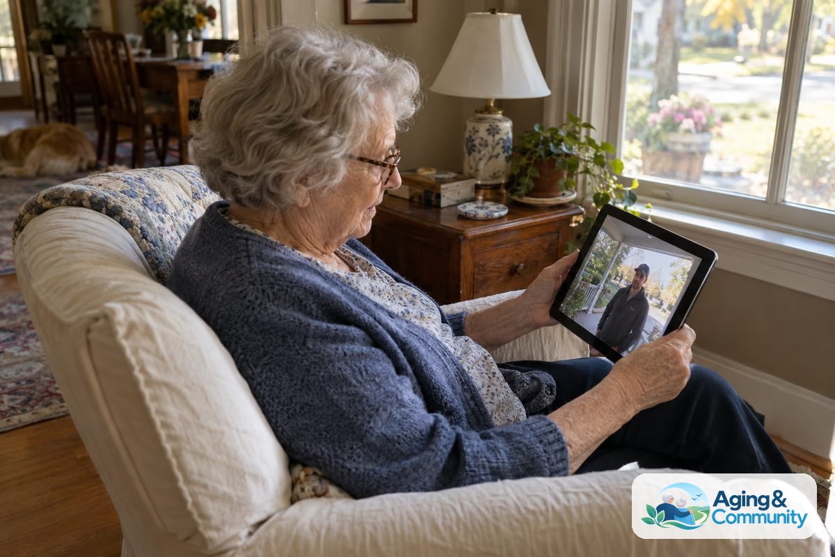 Smart Home Security for Seniors Made Simple 2 An older woman sits beside her front window holding a tablet that shows a visitor standing on her porch.