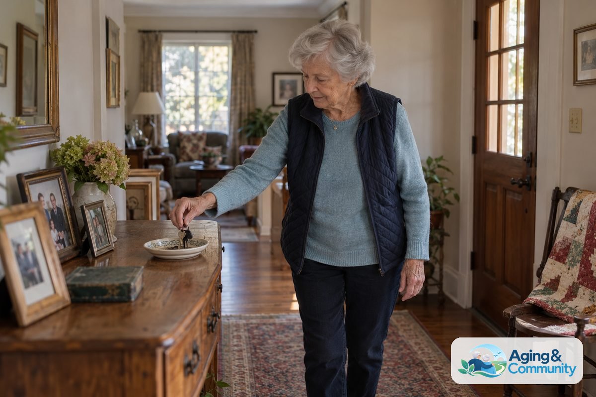Home Protection Tips for Seniors Living Alone 1 An older woman places her keys in a shallow dish beside a lamp in a tidy entryway with a clear walking path.