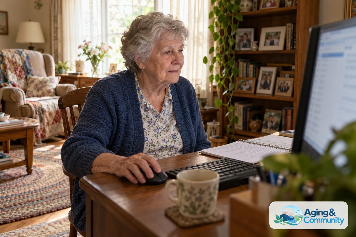 An older woman sits at a home desk with one hand on a computer mouse and an open spiral notebook beside the keyboard.