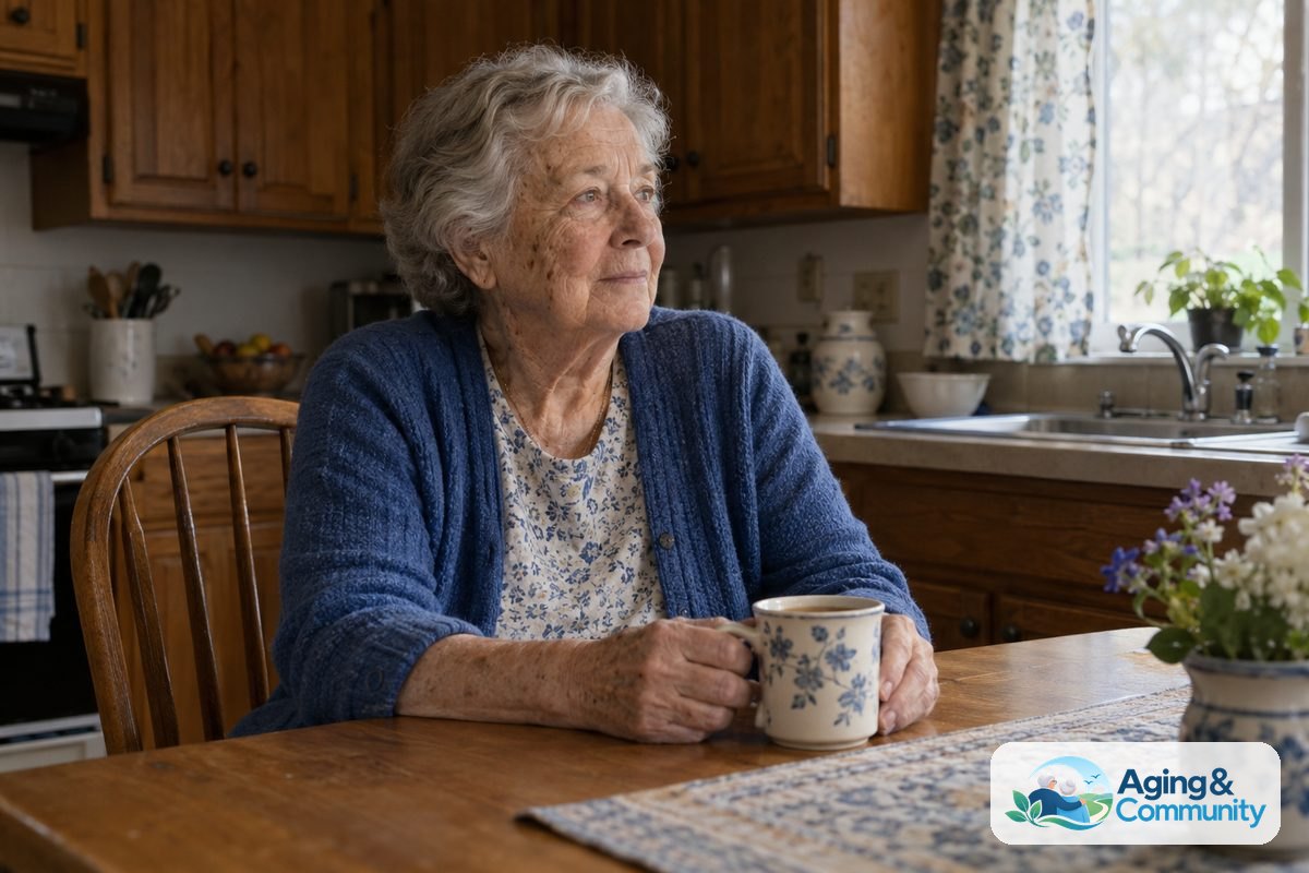 A woman in her late 70s sits on a well‑worn sofa in a lived‑in living room, reading a book while a family photo hangs on the wall and a floor lamp casts soft natural light.