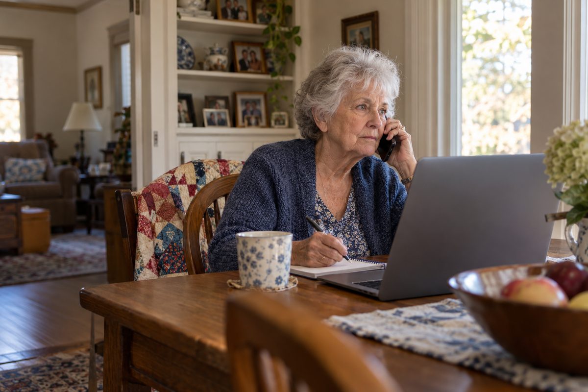 An older woman holds a phone to her ear and a pen over a notebook at a dining table beside an open laptop.