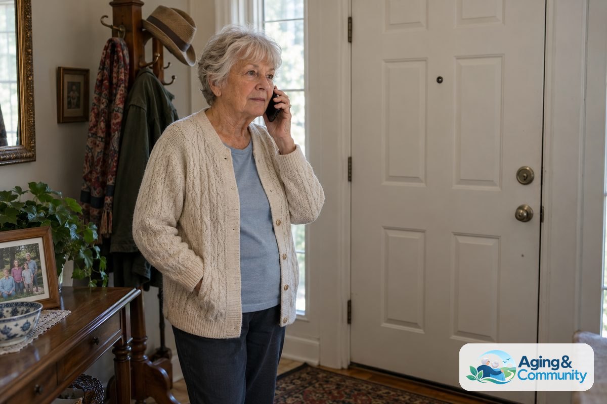 Home Protection Tips for Seniors Living Alone 6 An older woman holds a phone to her ear beside a closed front door with a deadbolt and door viewer.