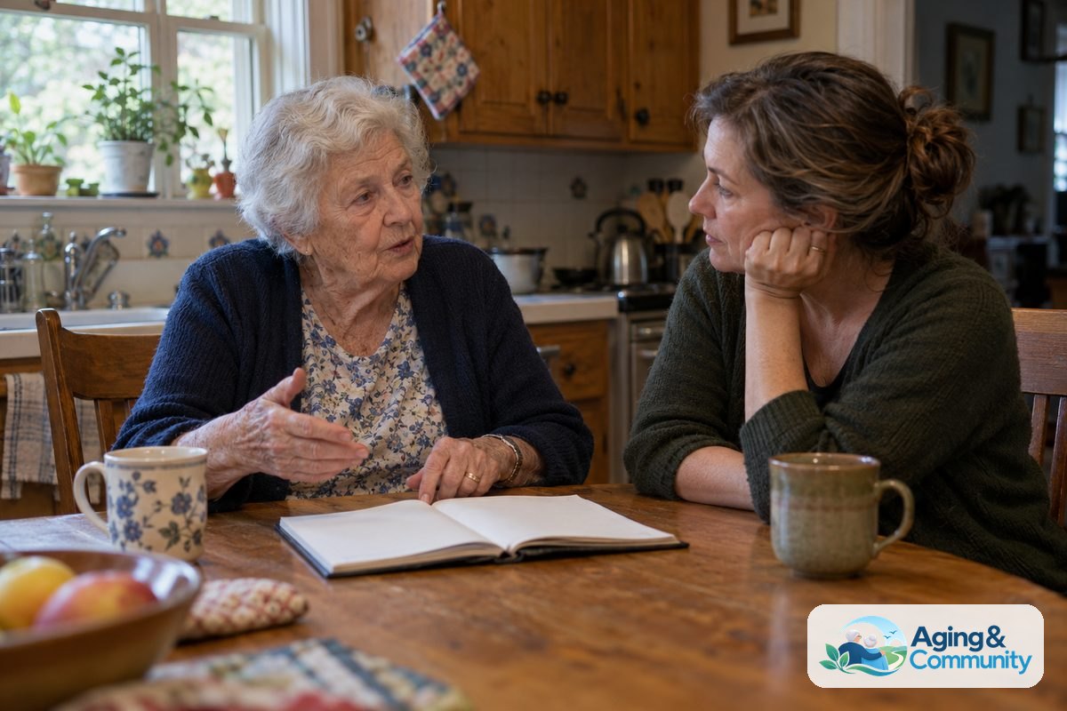 An older woman and a younger visitor sit at a kitchen table with an open notebook between them as the older woman speaks.