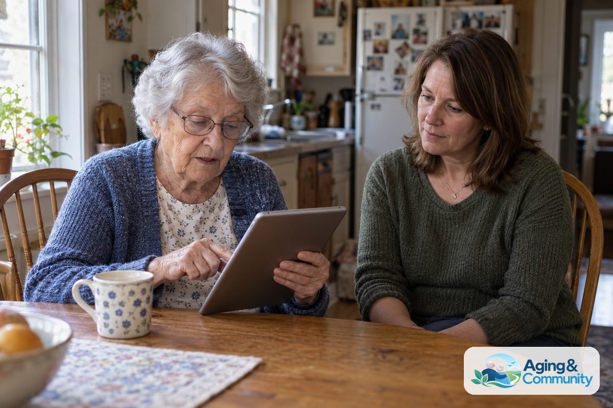 An older woman holds a tablet at her kitchen table while a younger adult seated beside her watches her tap the screen.