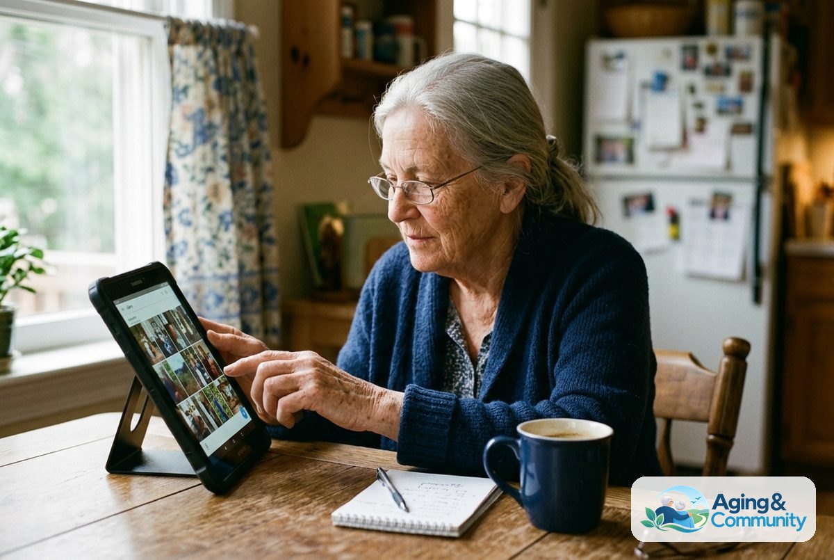 A woman in her late 70s sits at a wooden kitchen table wearing glasses while tapping a tablet resting on a simple stand.