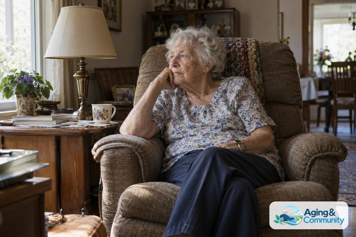 How to Use a Recliner Safely and Comfortably 1 A candid documentary‑style photograph of a woman in her late 70s sitting comfortably in a recliner in a lived‑in living room with a side table and lamp.