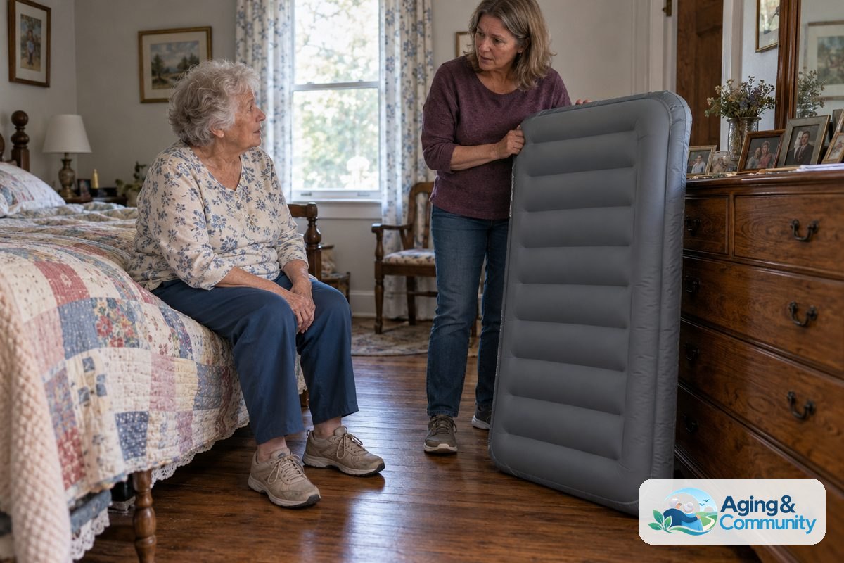 A woman sits on the edge of a quilted bed while another woman holds an inflatable pad upright beside a wooden dresser.