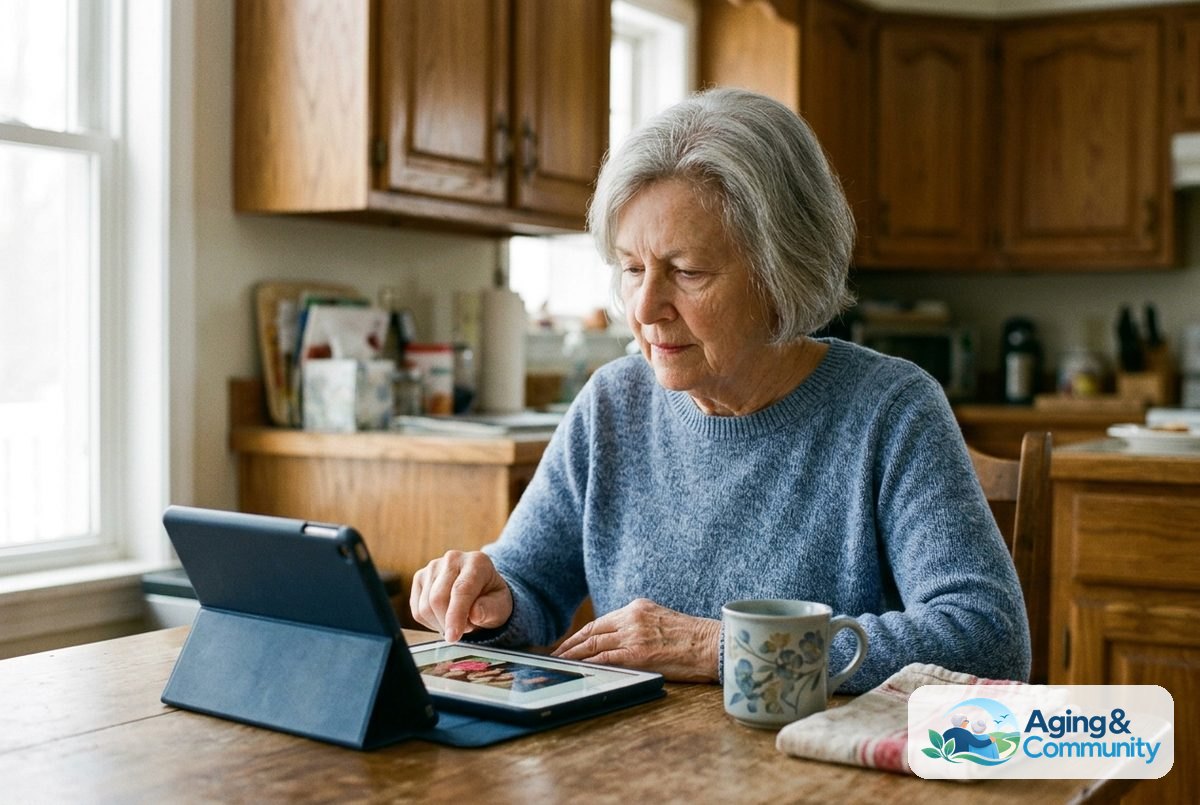 Tablet for Senior Citizen: Simple Buying Guide 2 An older woman uses a tablet propped in a folding case on a wooden kitchen table beside a ceramic mug.
