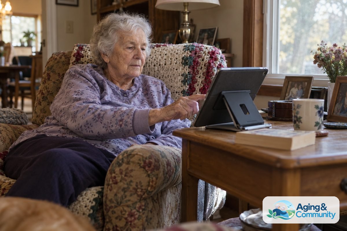 A woman sits in an upholstered armchair and taps a tablet resting on a stand beside a window.