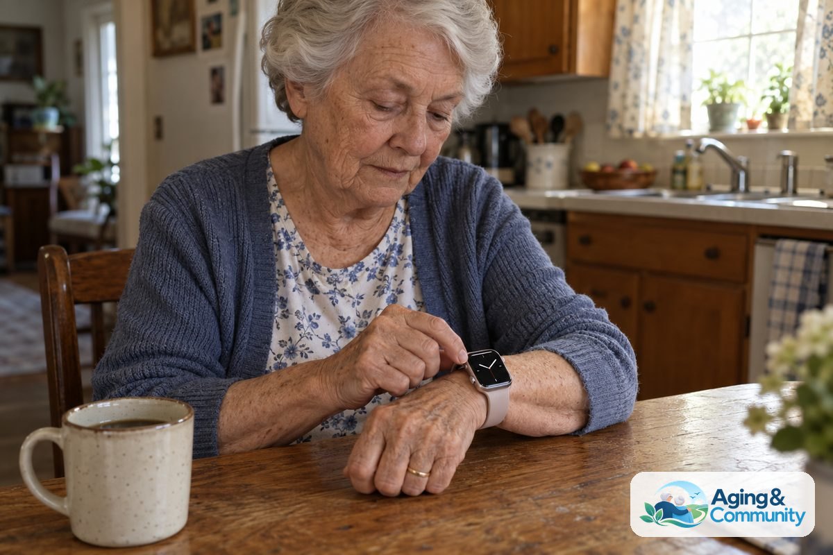 A woman sits beside a window and touches the side button of a smartwatch on her wrist.
