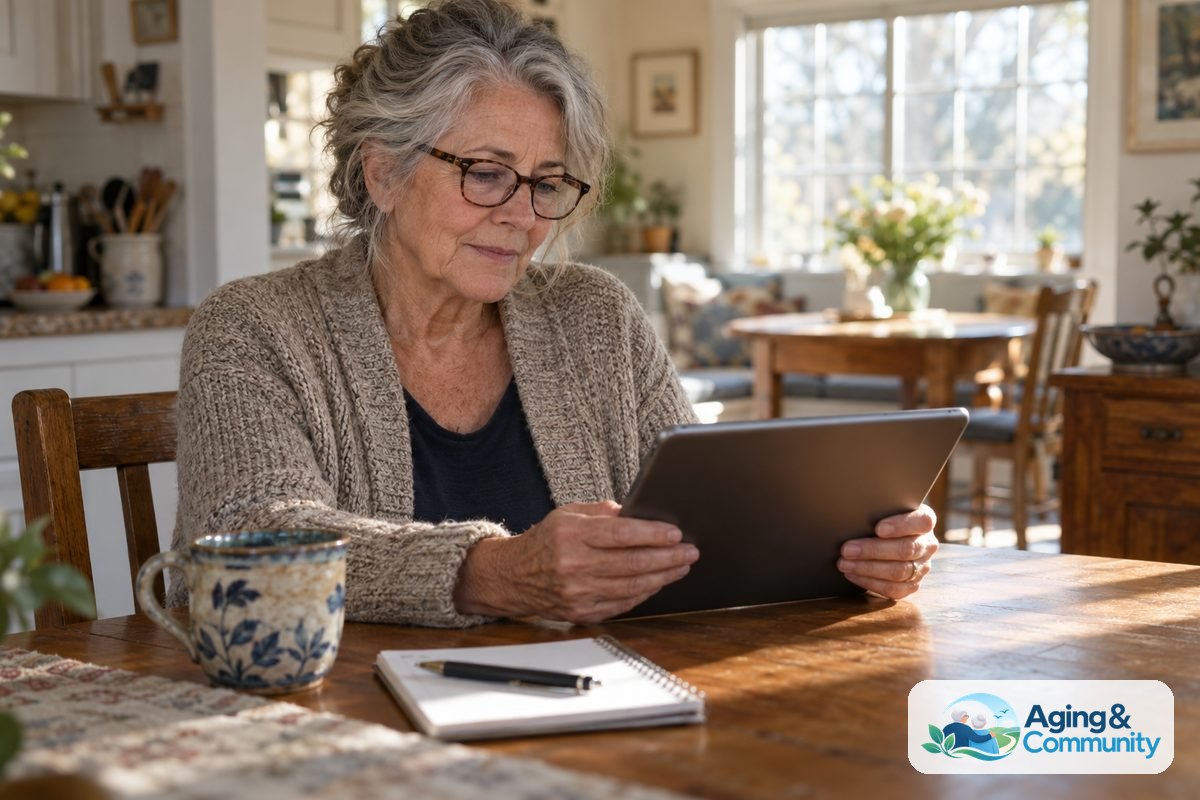 A woman in her early 70s sits at a wooden kitchen table in natural morning light, wearing reading glasses and scrolling on a tablet beside a ceramic mug.
