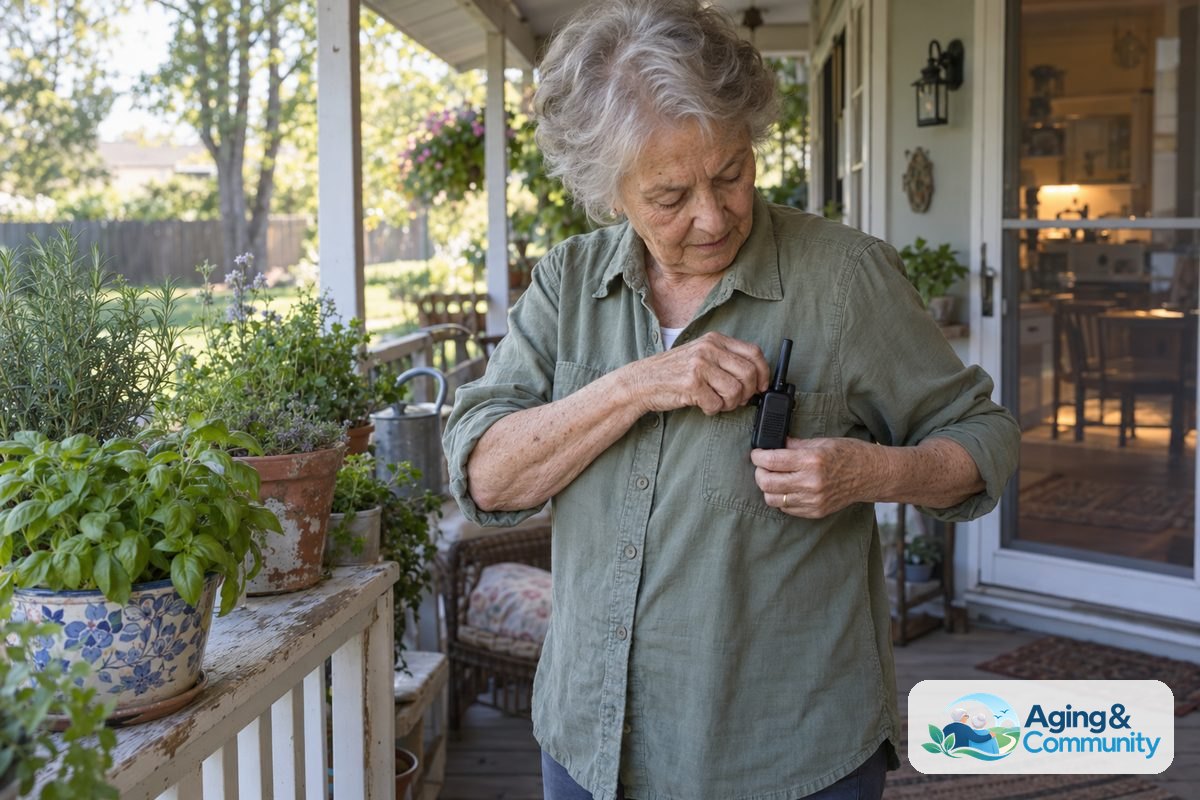 A woman clips a compact two way radio to her shirt pocket while standing beside potted herbs on a back porch.