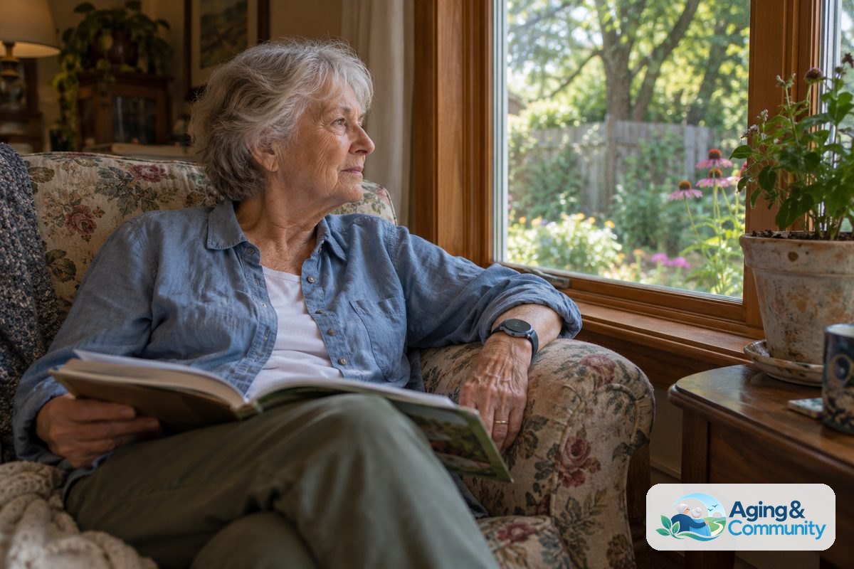 A woman wearing a dark smartwatch sits beside a sunny window with an open gardening book on her lap.