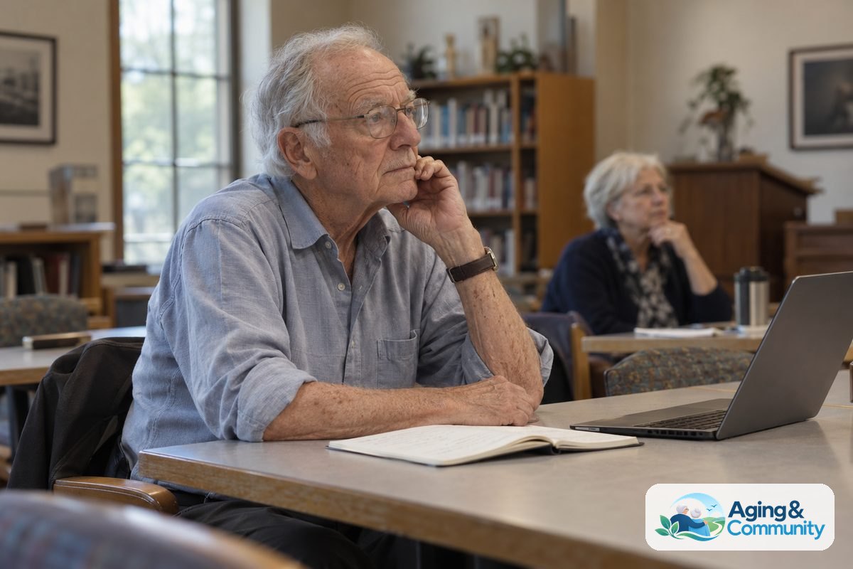 A small group of older adults sit around a rectangular table in a neighborhood library seminar room with laptops and notebooks.