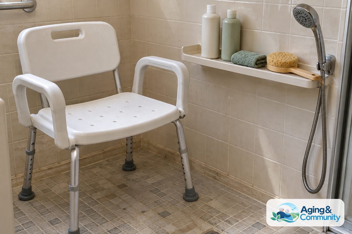 How to Use Shower Chair After Hip Replacement Safely 2 A shower chair sits beside a shelf holding plain toiletry bottles and a long handled sponge, with a handheld showerhead mounted nearby.