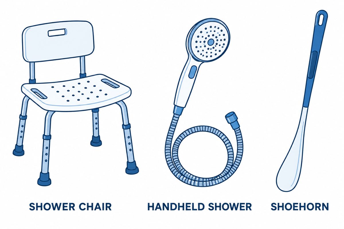 Caregiver Support: Programs, Respite, and Where to Start 3 Three vector drawings show a shower chair with a backrest, a handheld shower head with a flexible hose, and a long handled shoehorn.
