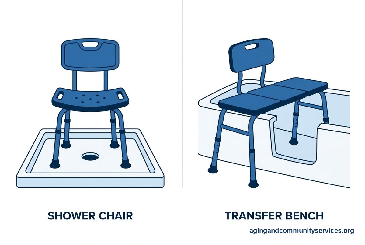 How to Use Shower Chair After Hip Replacement Safely 3 Two drawings show a shower chair entirely inside a low threshold shower and a transfer bench spanning a bathtub wall.