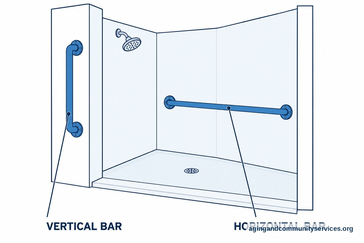 A shower diagram shows a vertical grab bar beside the open entrance and a horizontal grab bar along the inside wall.