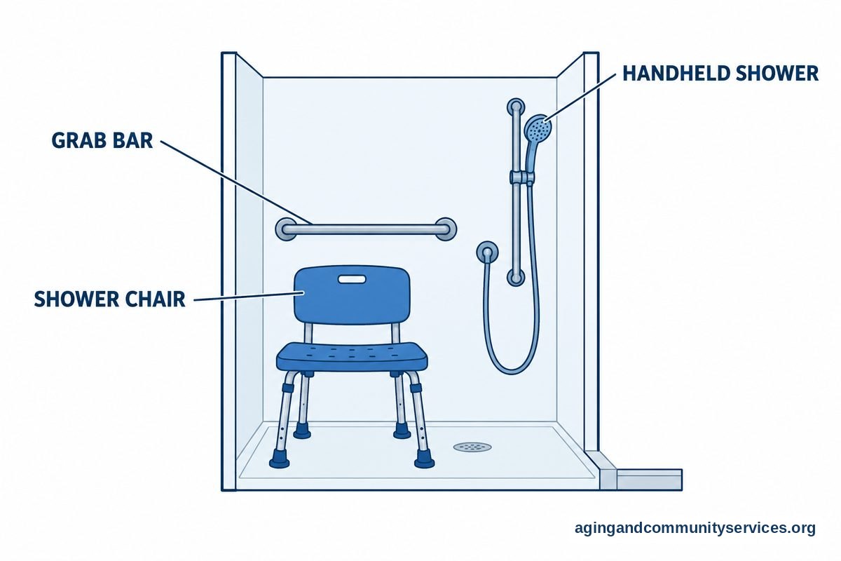 A cutaway shower drawing shows a wall mounted grab bar, a shower chair with a backrest, and a handheld shower head beside the chair.