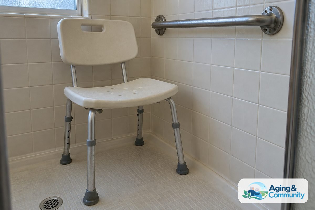 A brushed stainless steel grab bar is mounted beside a shower chair with rubber feet on a textured shower floor.