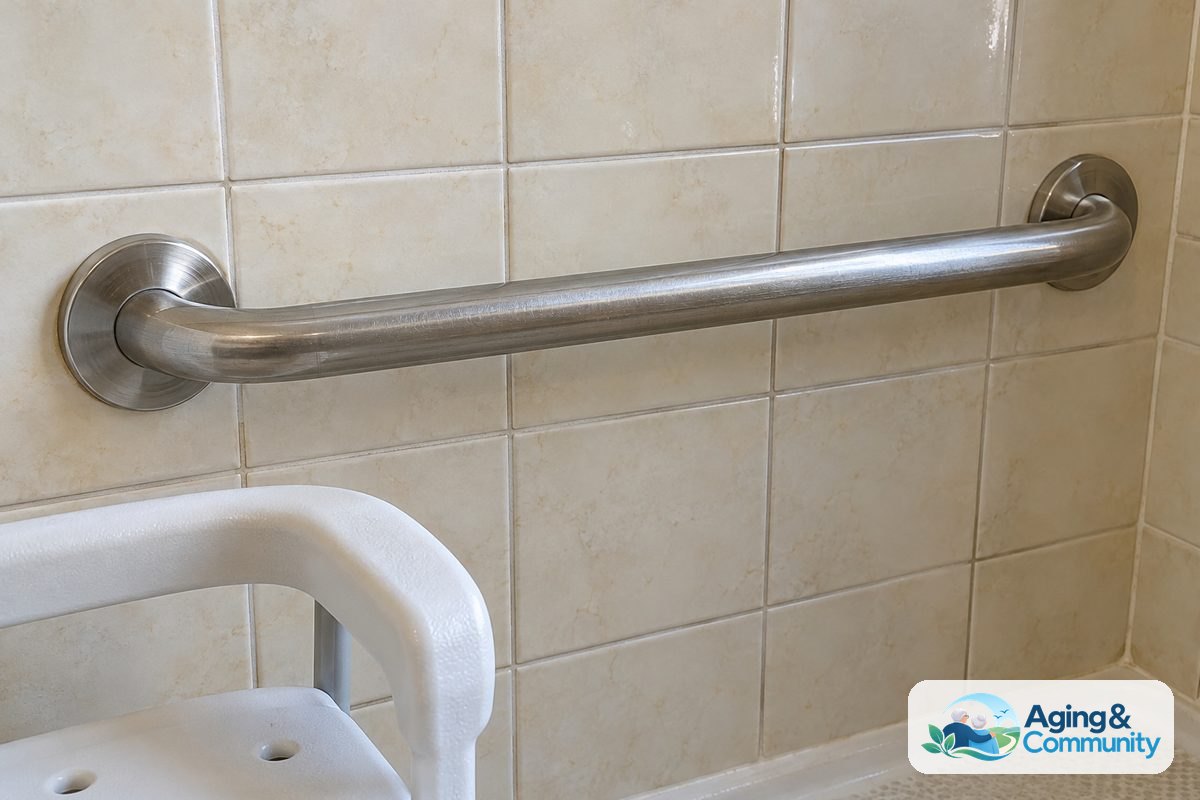 How to Use Shower Chair After Hip Replacement Safely 4 A stainless steel grab bar is mounted on a tiled shower wall beside the armrest of a shower chair.