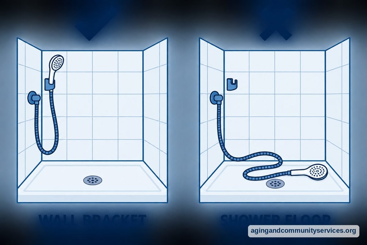 A check marks a shower wand secured in a wall bracket, while a cross marks a wand and coiled hose lying on the shower floor.