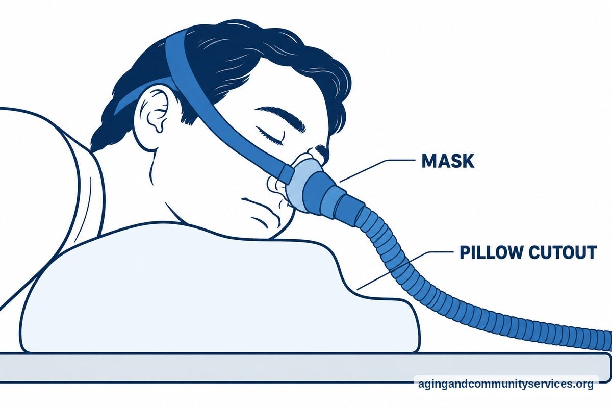 How to Choose CPAP or BiPAP for Better Sleep 3 A side elevation shows a side sleeper wearing a nasal mask beside a pillow cutout, with open space around the mask and hose.