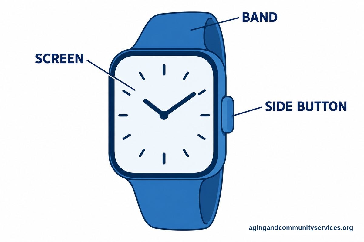 A large smartwatch drawing has three callouts pointing to its screen, protruding side button, and flexible band.