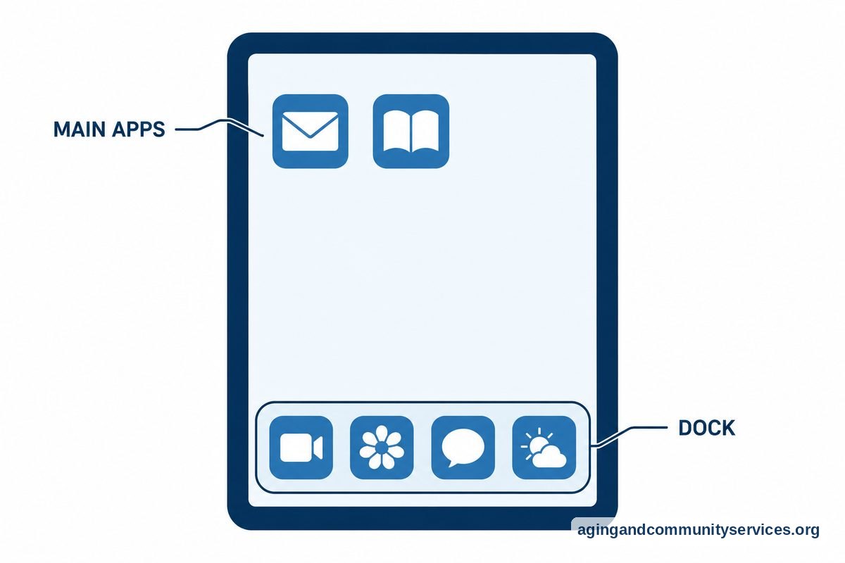 A large tablet drawing shows two app icons in the main screen area and four icons grouped in a dock along the bottom.