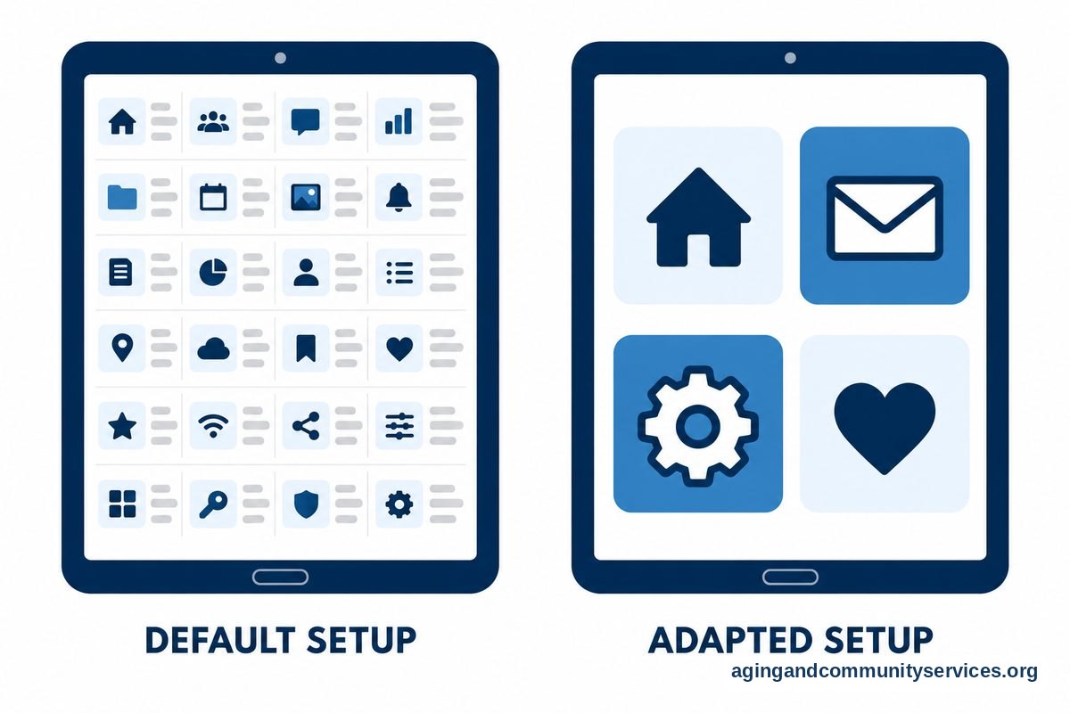 A flat vector diagram showing two tablet screens side by side, comparing a cluttered interface with tiny icons against a simplified screen featuring large icons and high contrast text.