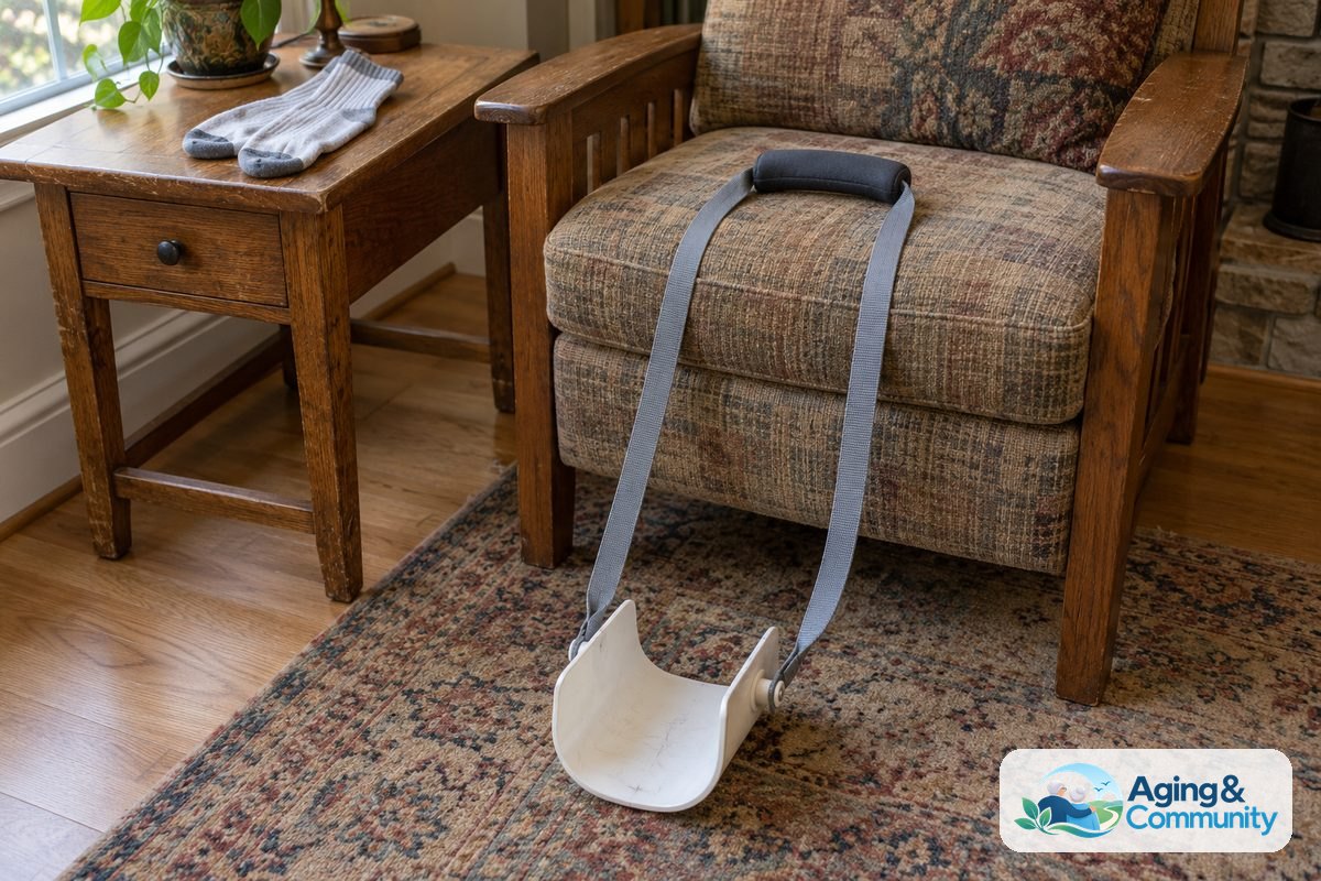 A sock aid with a continuous pull strap rests beside a wooden armchair, with its grip on the seat and two socks on a nearby table.
