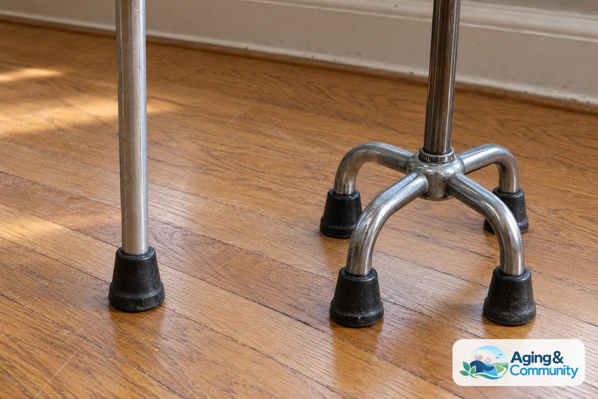 A single point cane and a quad cane stand beside each other, showing one rubber tip and four rubber feet on a wood floor.