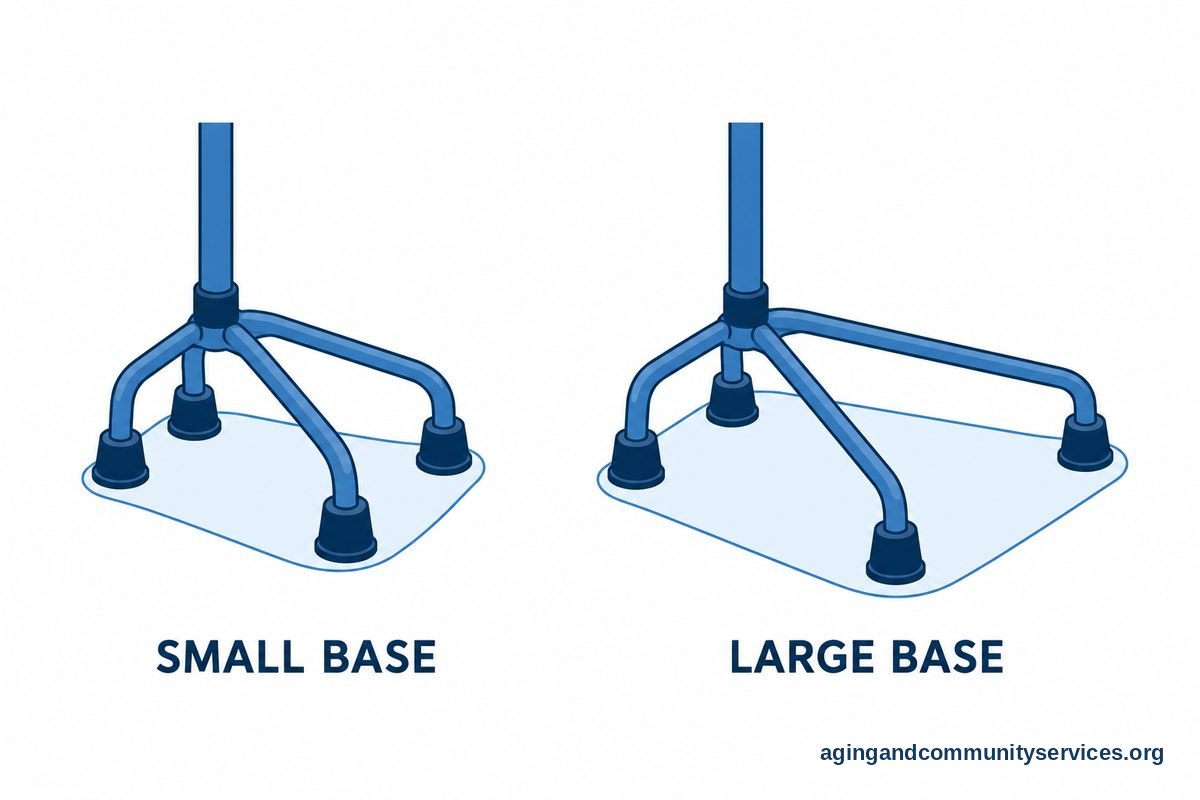 Two quad cane bases drawn at the same scale show a compact footprint beside a wider footprint.