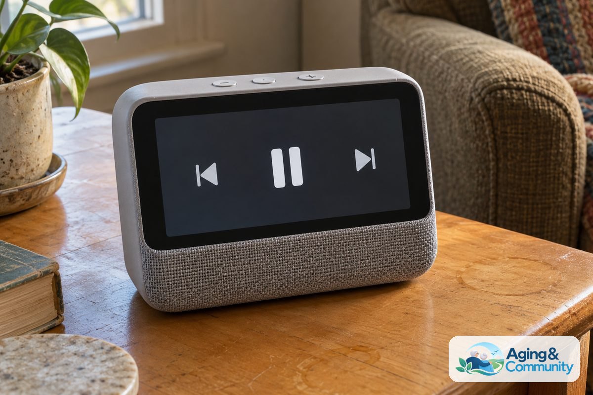 AI for Seniors Video Tutorials and Helpful Digital Tools 5 A fabric covered smart display on a wooden side table shows a large pause icon between playback controls, with raised volume buttons visible along its top edge.