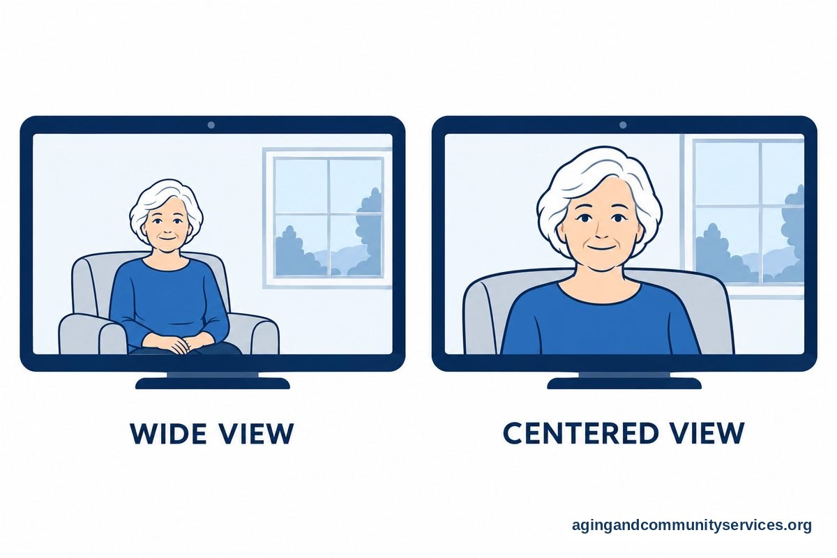 AI for Seniors Video Tutorials and Helpful Digital Tools 2 Two matching smart displays show the same seated woman first small and off center and then larger and centered within the video frame.
