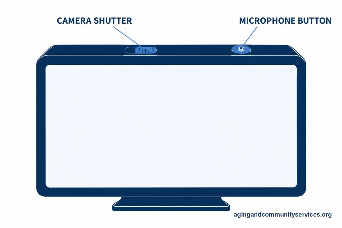 AI for Seniors Video Tutorials and Helpful Digital Tools 3 A large smart display has two callouts pointing to a sliding camera shutter and a separate microphone mute button along its top edge.