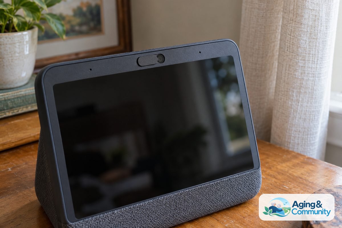 AI and Aging in Place: Practical Help at Home 6 A close view of a smart display shows its physical camera shutter closed, with the screen dark and the device resting on a wooden side table.