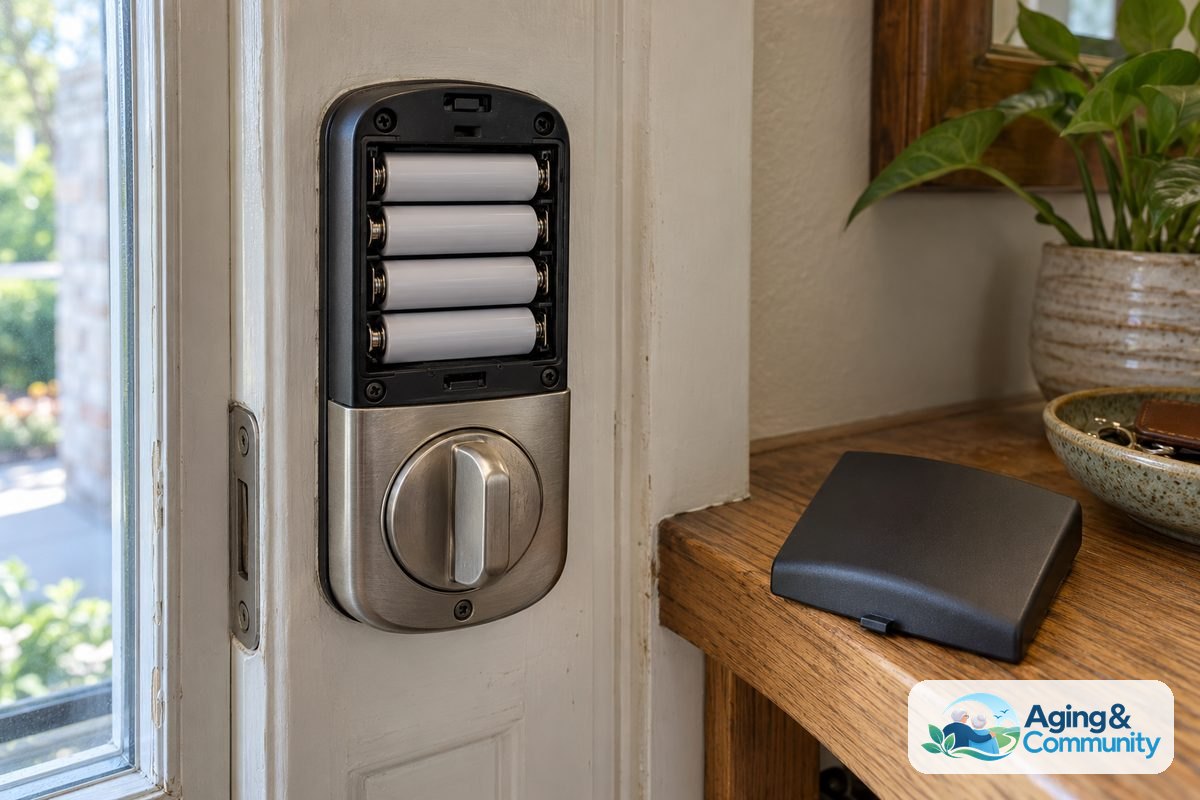 Smart Home Security for Seniors Made Simple 5 The interior side of a smart deadbolt has its battery cover removed, exposing four batteries above a manual thumb turn.
