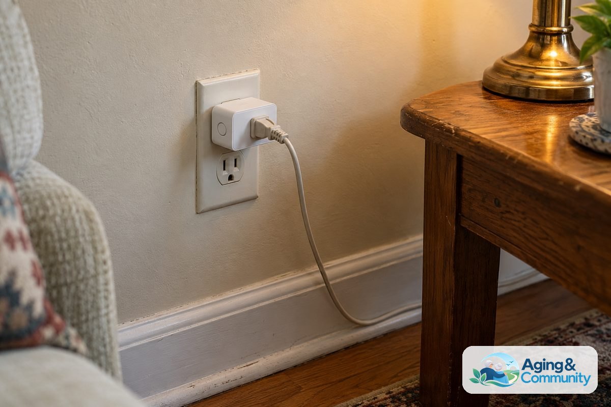 A compact white smart plug connects a table lamp cord to a wall outlet beside an oak end table.