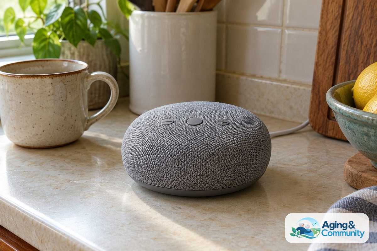 AI for Seniors With Memory Loss: A Practical Guide 3 A fabric covered smart speaker with raised control buttons sits on a laminate kitchen counter beside a ceramic mug.