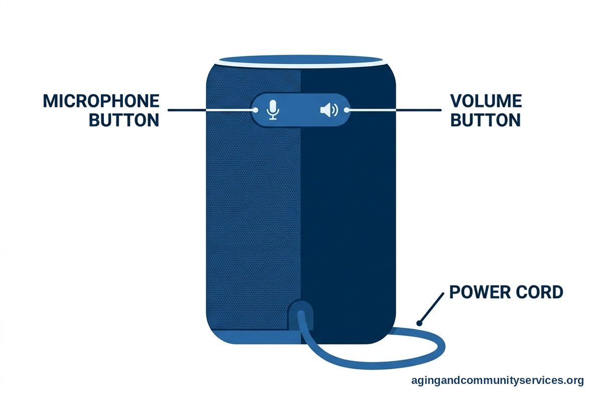 A large smart speaker drawing has callouts pointing to its microphone button, volume button, and power cord.