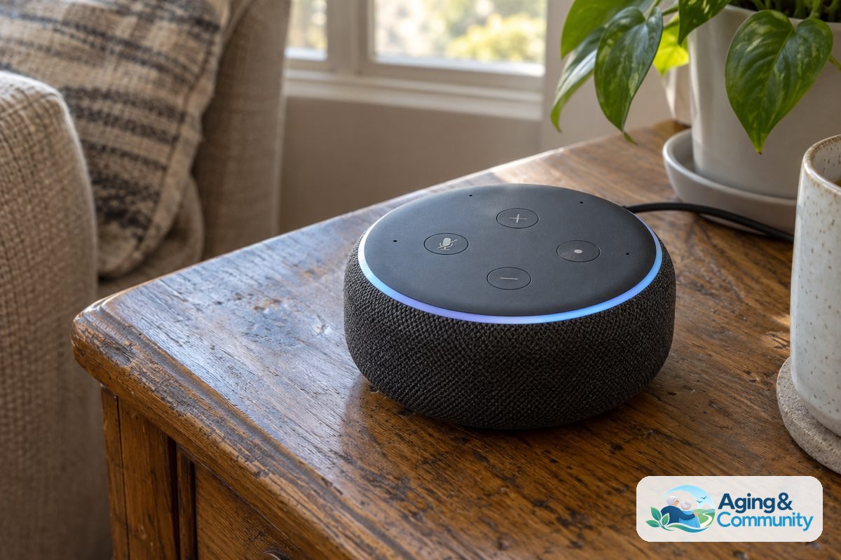 A fabric covered smart speaker with raised top buttons stands on a wooden side table beside a ceramic mug.