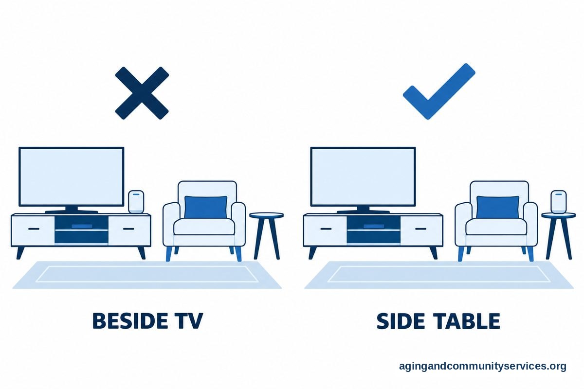 Two living room drawings contrast a speaker directly beside a television with the speaker on a separate side table near an armchair.