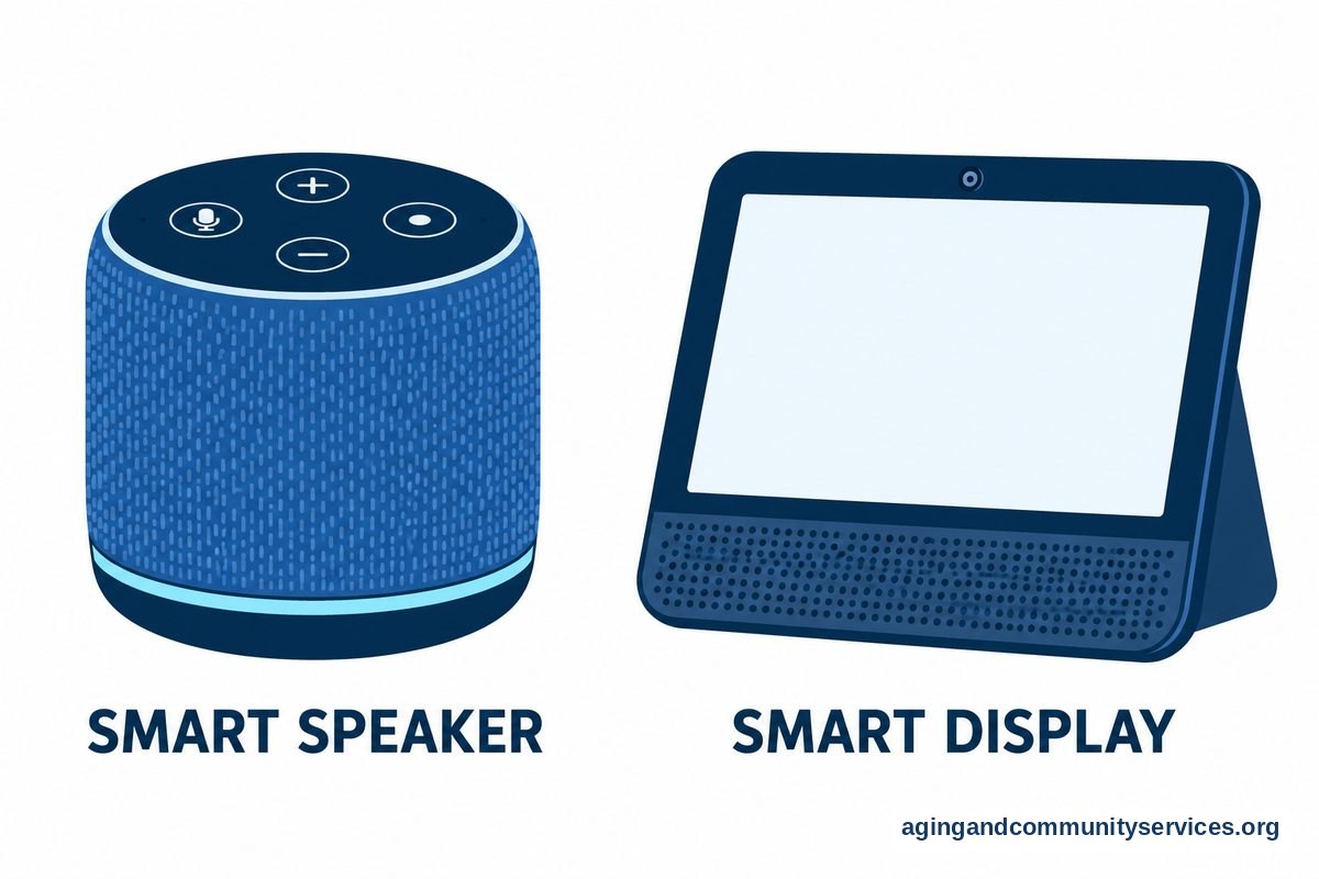 A compact fabric smart speaker appears beside an angled smart display with a camera lens and a blank screen.