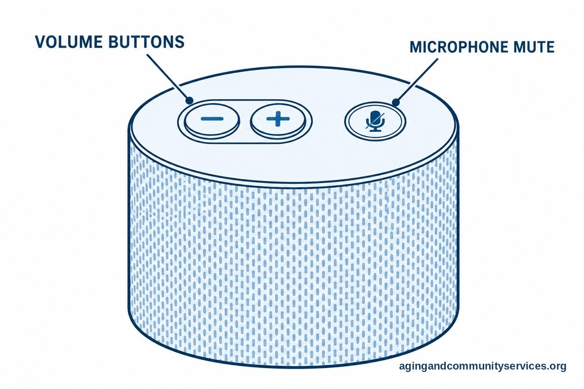 AI and Aging in Place: Practical Help at Home 5 A diagram of a smart speaker shows two raised volume buttons and a separate microphone mute button on its top surface.