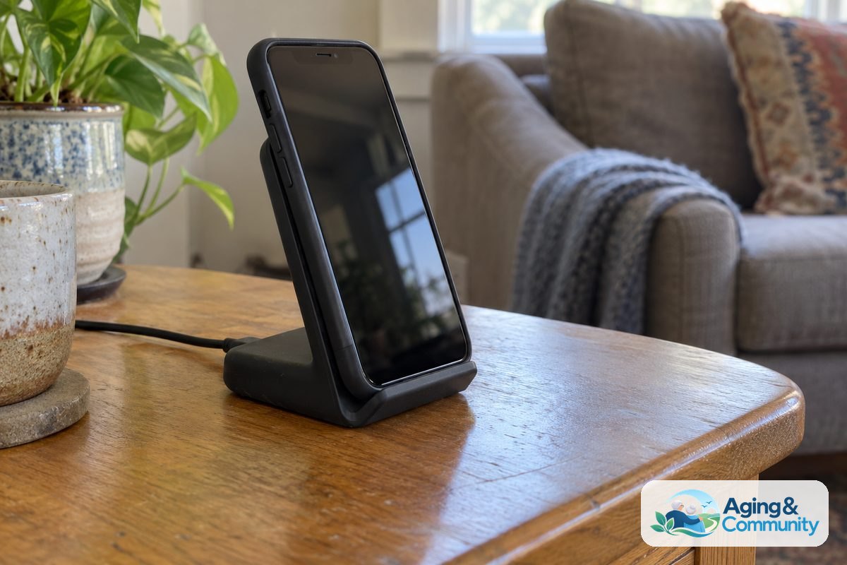 A smartphone rests upright on a charging stand with a cable routed behind it on a wooden side table.